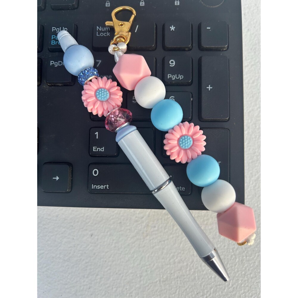 Beaded Pen and Phone Grip Pastel Pink/Blue Daisy Silicon Desk Accessories
